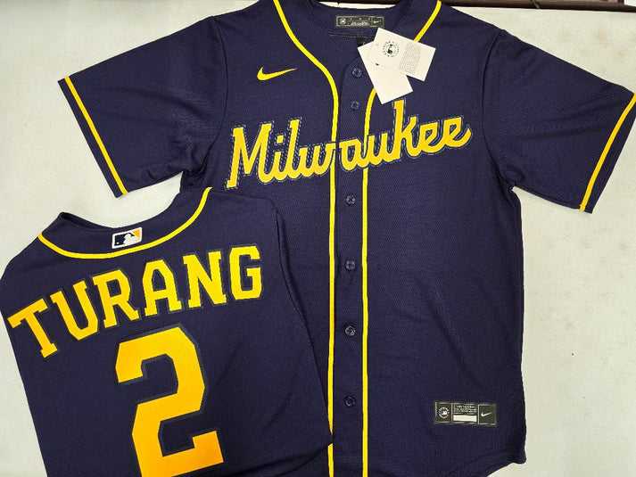 Men%27s Milwaukee Brewers #2 Brice Turang Navy Blue Stitched MLB Cool Base Nike Jersey->new york yankees->MLB Jersey